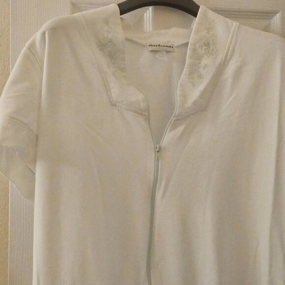 Miss Elaine white robe green floral embroidery pockets zip up L - Picture 4 of 12
